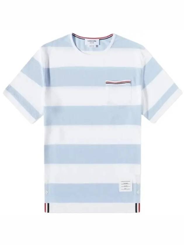 Men's Rugby Striped Pick Pocket Short Sleeve T-Shirt Light Blue White - THOM BROWNE - BALAAN 2