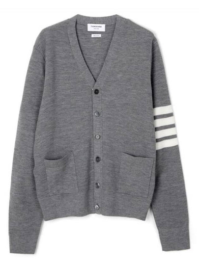 4-Bar Striped Waffle High V-Neck Cardigan Light Grey - THOM BROWNE - BALAAN 2