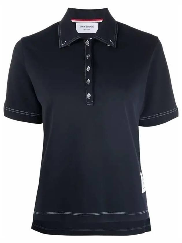 Women's Wool Tech Milano Contrast Stitch Short Sleeve Polo Shirt Navy - THOM BROWNE - BALAAN 1