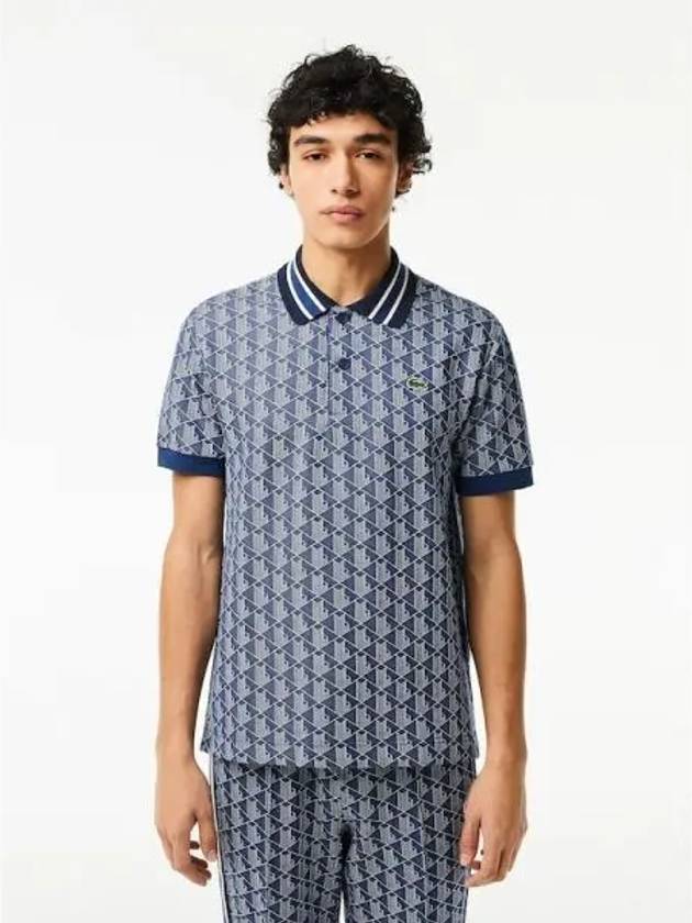 Monogram Motif Contrast Collar Classic Fit Polo Shirt Blue - LACOSTE - BALAAN 2