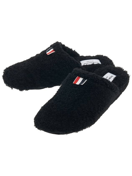 Men's Logo Tab Shearling Slippers Black - THOM BROWNE - BALAAN.