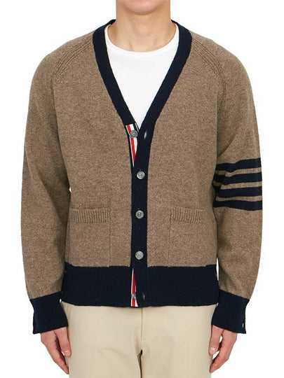 V-Neck 4-Bar Wool Cardigan Brown - THOM BROWNE - BALAAN 2