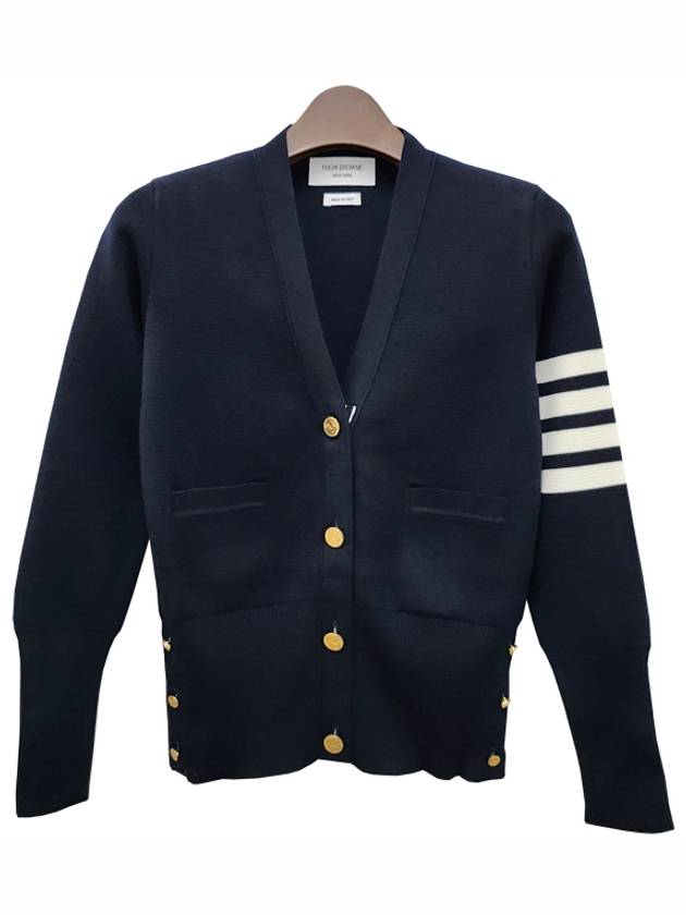 Milano Stitch 4 Bar Classic V Neck Fine Merino Wool Cardigan Navy - THOM BROWNE - BALAAN 3