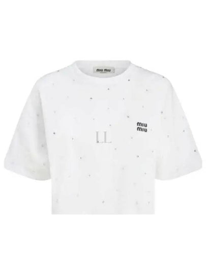 Embroidered Logo Crop Cotton Short Sleeved T-shirt White - MIU MIU - BALAAN 2