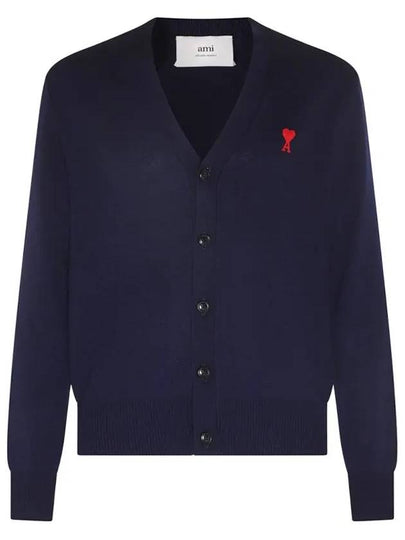 Small Heart Logo Wool Cardigan Navy - AMI - BALAAN 2