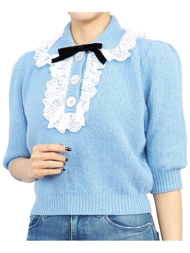 Wool Collar Short Sleeve Knit Top Blue - ALESSANDRA RICH - BALAAN.