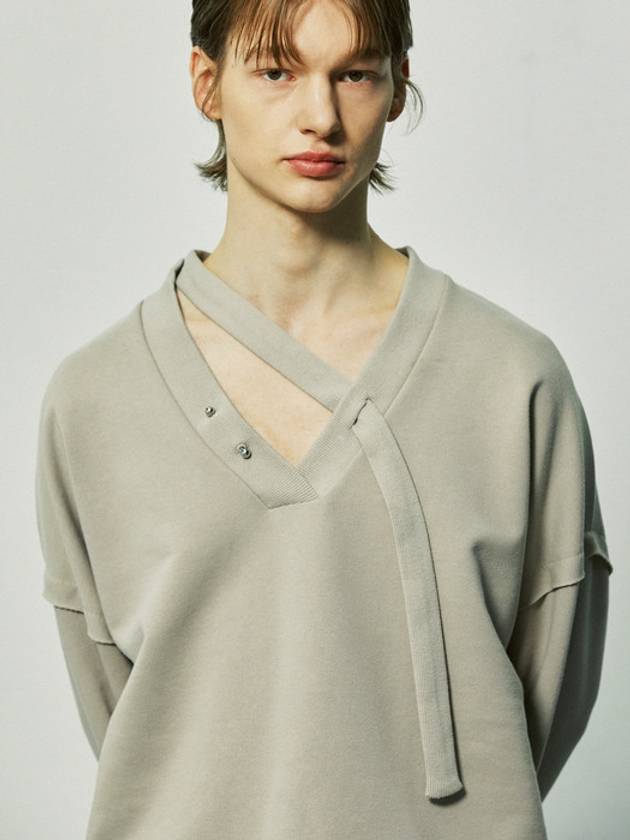 V-neck layered string pierced sweatshirt mocha - S SY - BALAAN 5