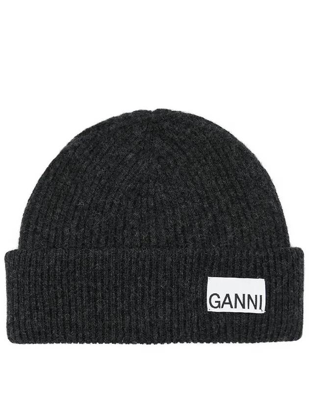 Logo Label Rib Knit Wool Beanie Dark Grey - GANNI - BALAAN 2