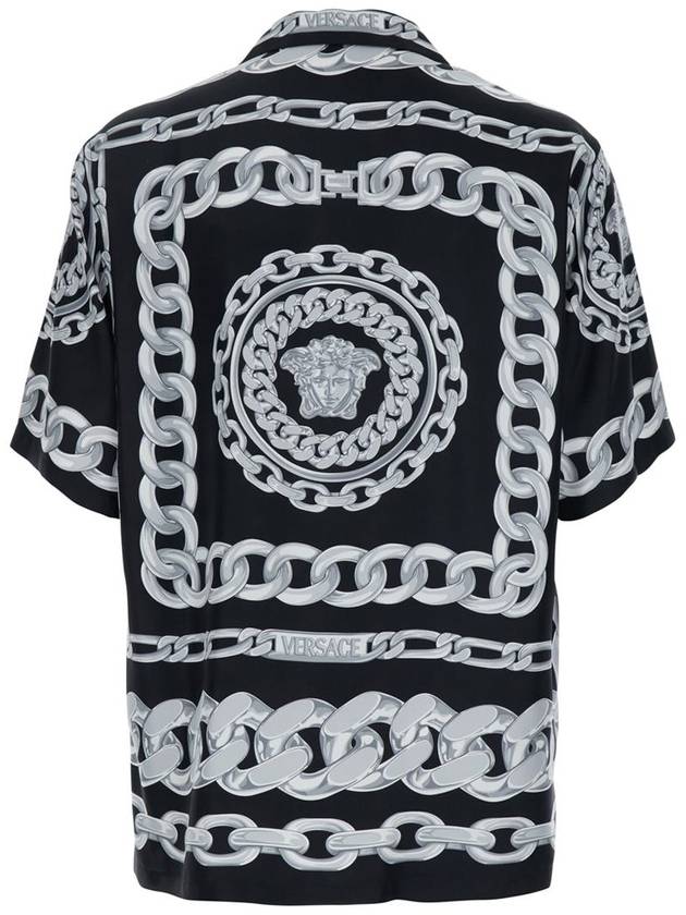 Black And White Bowling Shirt With Cuban Collar And All-Over Chain-Link Print In Silk Man - VERSACE - BALAAN 1