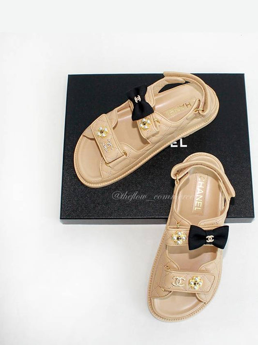 Ribbon Flower Lambskin Velcro Sandals Beige G40138 - CHANEL - BALAAN 1