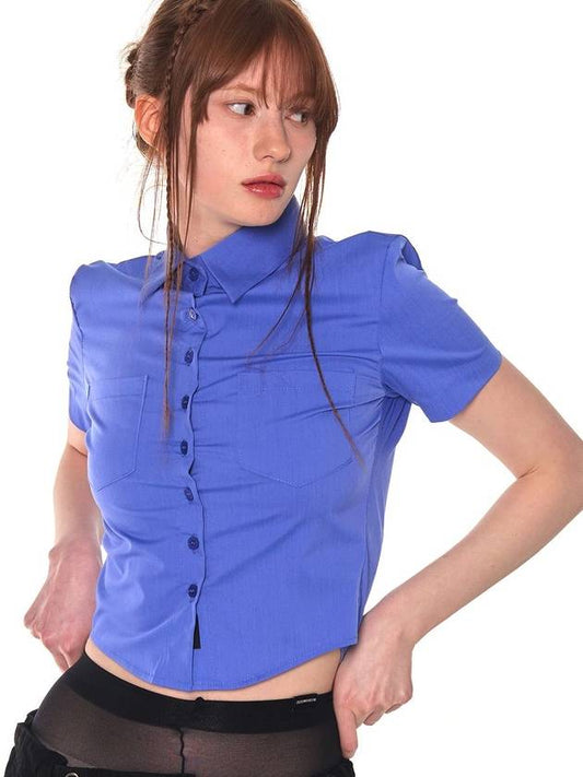 Slim Line Crop Short Sleeve Shirt Blue - ZIZEMUSEUM - BALAAN 2