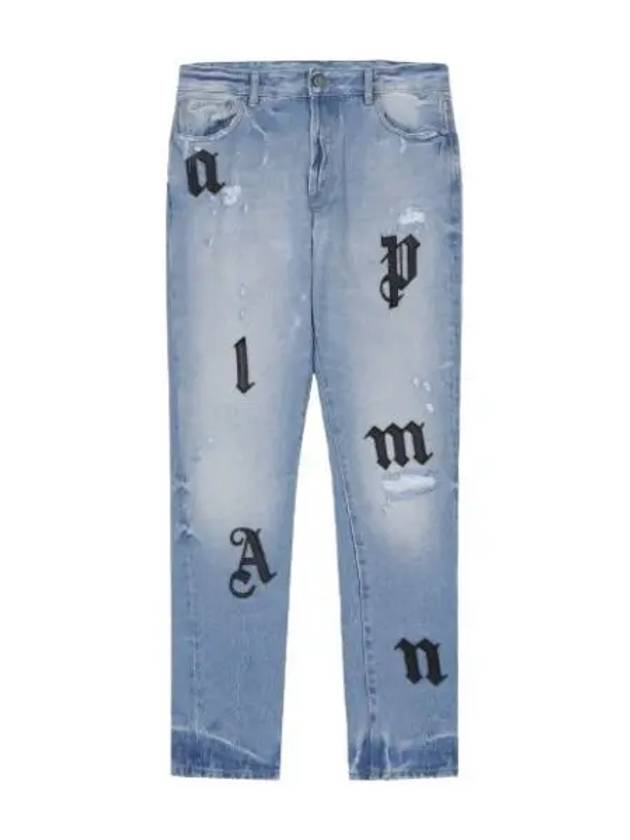 Logo Patch Wash Denim Pants Light Blue Jeans - PALM ANGELS - BALAAN 1