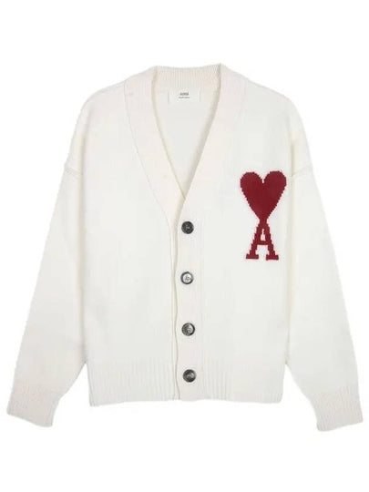 Heart Logo V Neck Wool Cardigan Off White - AMI - BALAAN 2