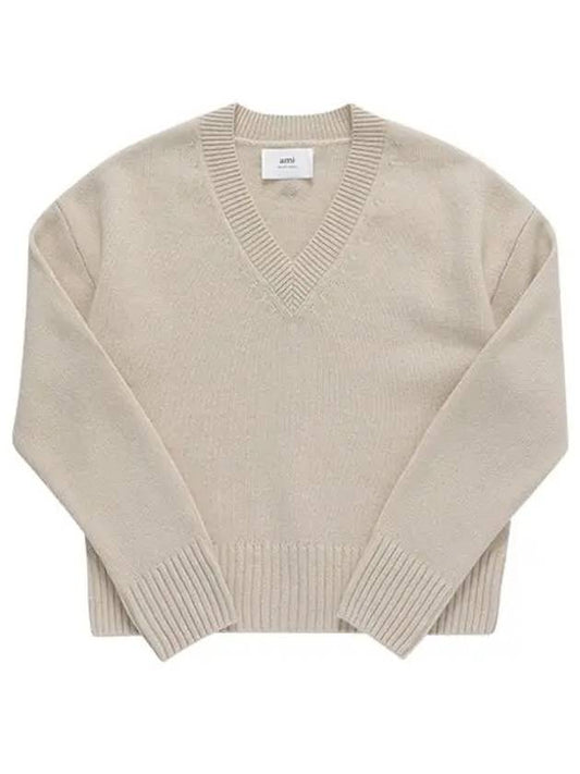 Crop Wool Cashmere Blend Knit Top Beige - AMI - BALAAN 2