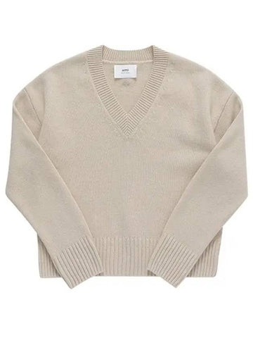 De Coeur Tone-On-Tone Heart Logo V-Neck Knit Top Beige - AMI - BALAAN 1