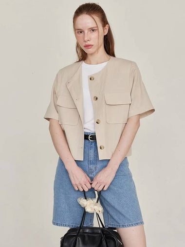 Collarless linen crop jacket beige - LESEIZIEME - BALAAN 1