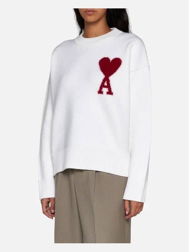 Intarsia Big Heart Logo Wool Knit Top Ivory - AMI - BALAAN 4