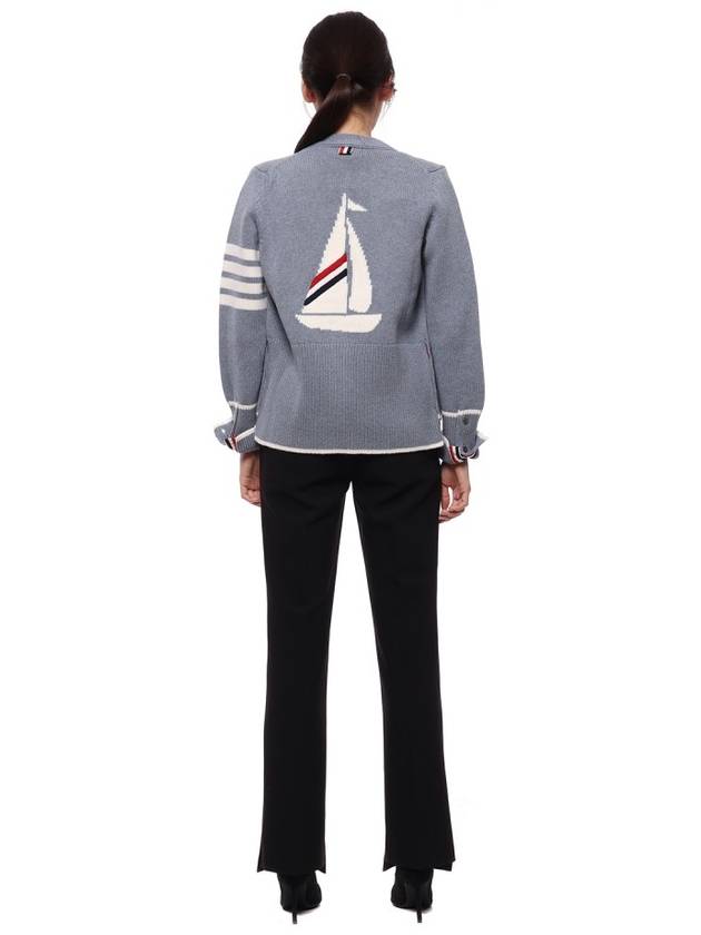 Women's Fine Merino Jersey Sailboat 4 Bar Boxy V Neck Cardigan Dark Blue - THOM BROWNE - BALAAN 6