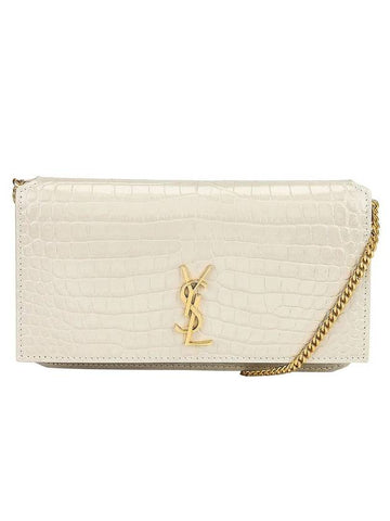 Monogram Crocodile Embossed Leather Phone Holder Chain Mini Bag Vintage White - SAINT LAURENT - BALAAN.