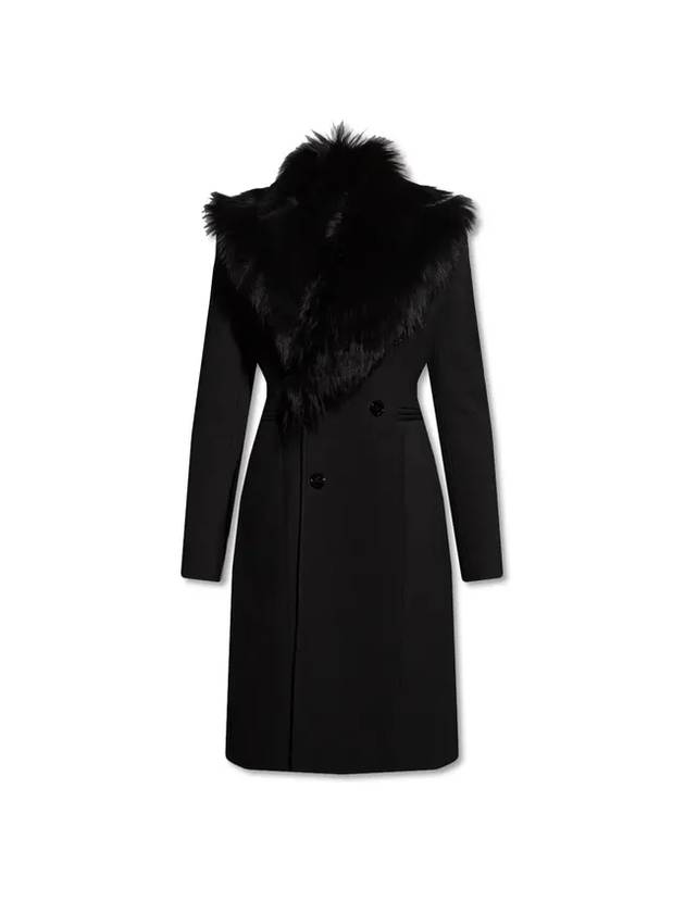 Detachable Shearling Collar Wool Slim Fit Double Coat Black - BOTTEGA VENETA - BALAAN 1