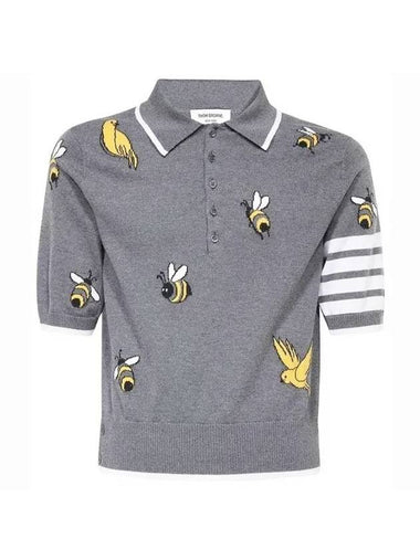 Men's Bird Bee Half Drop 4 Bar Merino Cotton Short Sleeve Polo Shirt Grey - THOM BROWNE - BALAAN 1