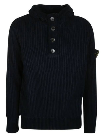 Men's Wappen Patch Half Zip Button Hooded Knit Top Navy - STONE ISLAND - BALAAN 1