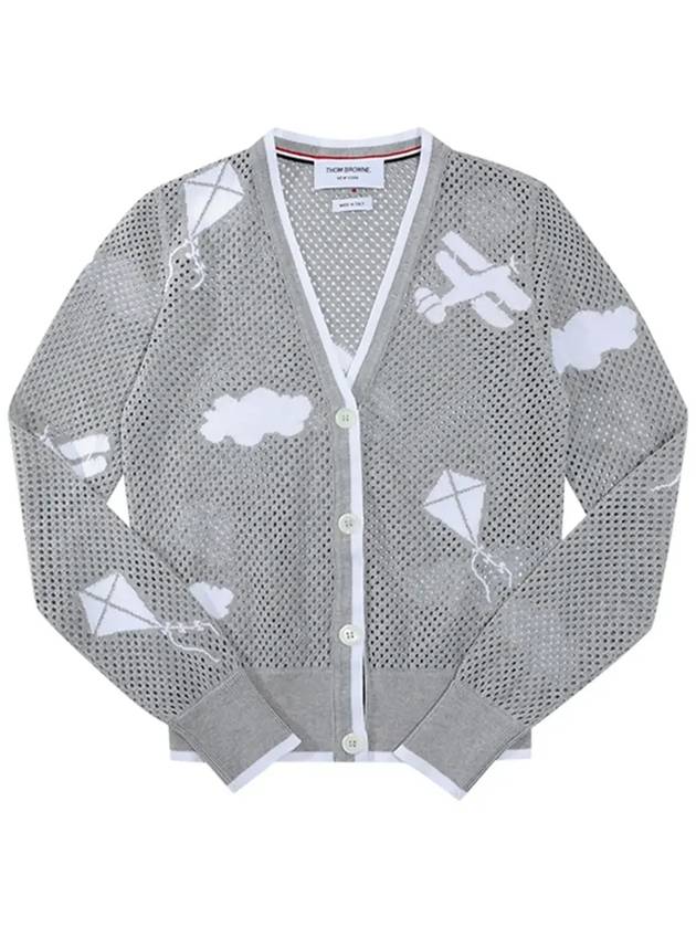 Cotton Mesh Sky Icon V Neck Cardigan Light Grey - THOM BROWNE - BALAAN 6