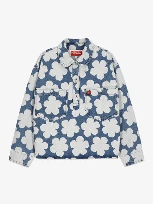 Poppy Print Denim Cotton Polo Shirt Blue - KENZO - BALAAN 2