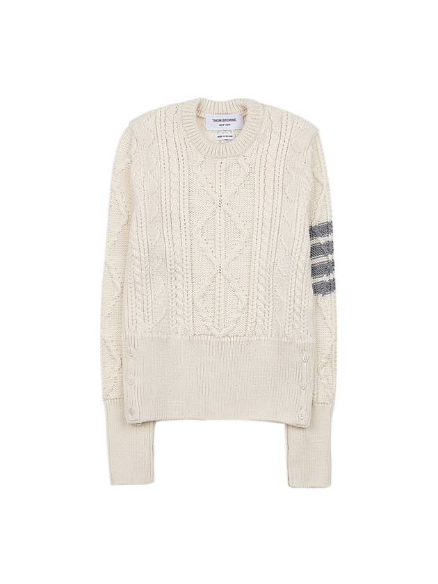 4 Bar Aran Cable Merino Crew Neck Pullover Knit Top White - THOM BROWNE - BALAAN 2