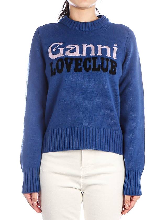 Logo Intarsia Crew Neck Knit Top Blue - GANNI - BALAAN 2