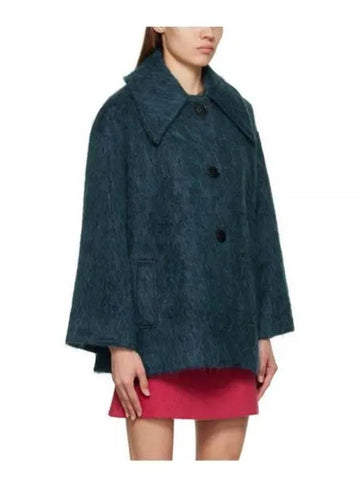 Fluffy Wool Wide Collar Jacket Blue F7348 - GANNI - BALAAN 1