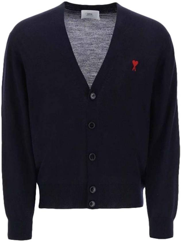 Red Heart Logo Merino Wool Cardigan Navy - AMI - BALAAN 2