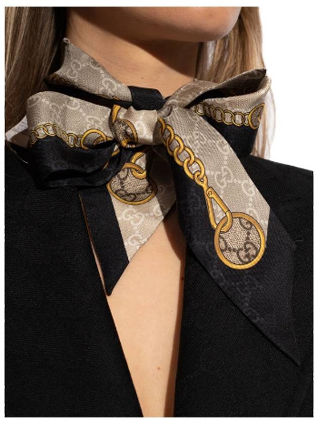 GG Print Horsebit Silk Neck Bow Twilly Scarf Beige Ebony - GUCCI - BALAAN 4