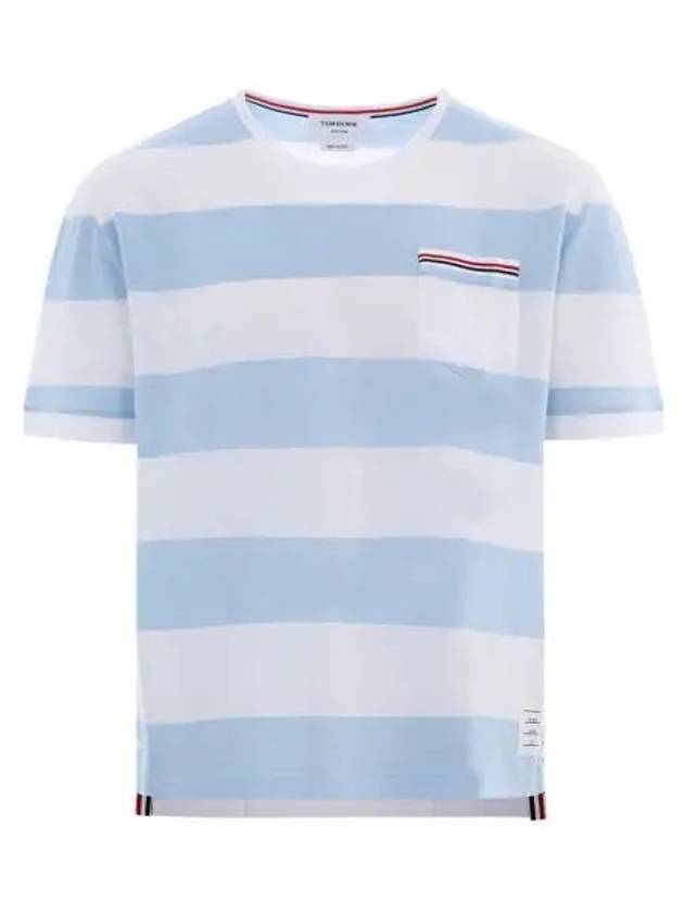 Men's Rugby Striped Pick Pocket Short Sleeve T-Shirt Light Blue White - THOM BROWNE - BALAAN 2