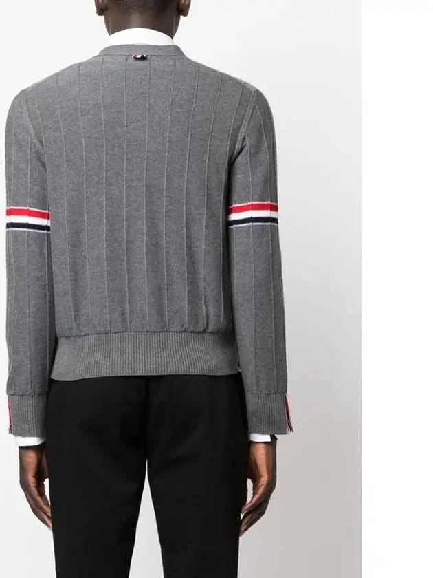 RWB V-neck Striped Virgin Wool Cardigan Grey - THOM BROWNE - BALAAN 6