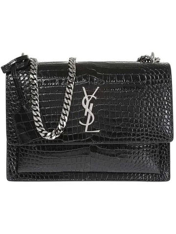 Crocodile Embossed Leather Sunset Medium Cross Bag Black - SAINT LAURENT - BALAAN.