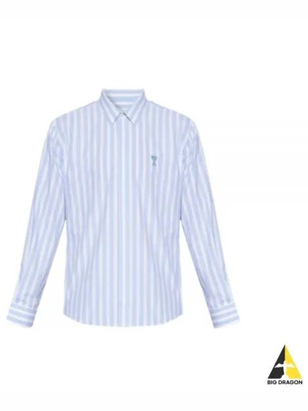 Tonal Heart Logo Striped Long Sleeve Shirt Blue - AMI - BALAAN 2