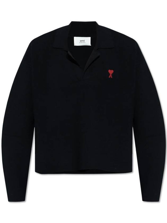 Small Heart Long Sleeve Polo Shirt Black - AMI - BALAAN 1