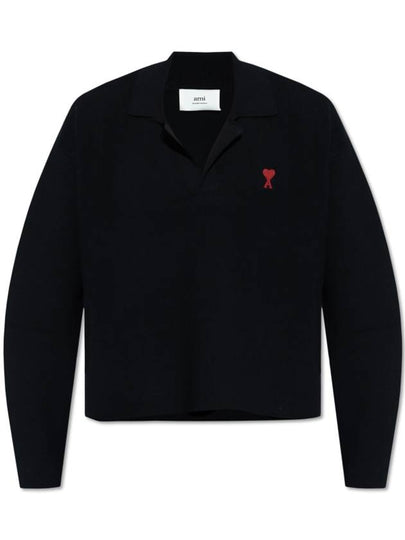 Small Heart Long Sleeve Polo Shirt Black - AMI - BALAAN 2