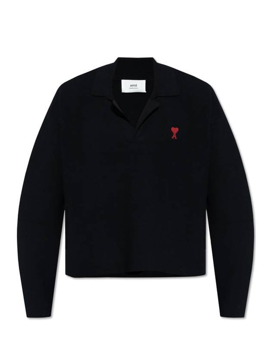 Small Heart Long Sleeve Polo Shirt Black - AMI - BALAAN 1