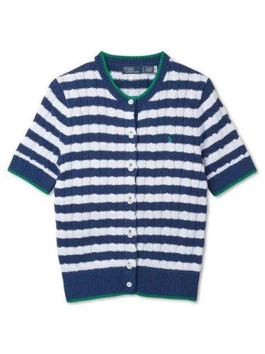 W Striped Cable Knit Short Sleeve Cotton Sweater Blue Yacht White - POLO RALPH LAUREN - BALAAN 1