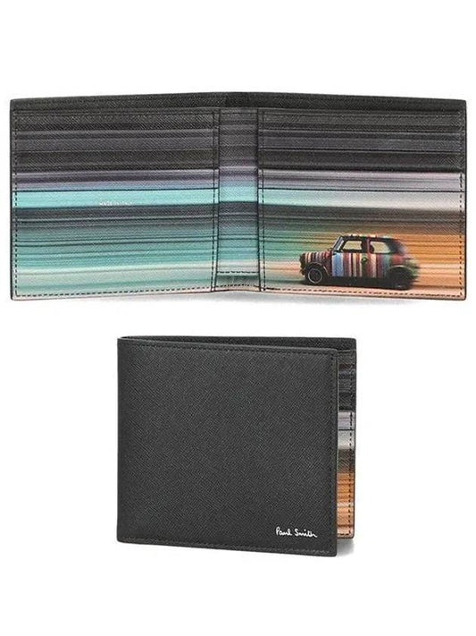 Men's Car Print Striped Leather Half Wallet Black - PAUL SMITH - BALAAN 2