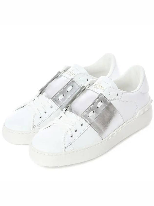 Women's Hidden Open Metallic Band Sneakers White Silver - VALENTINO - BALAAN.