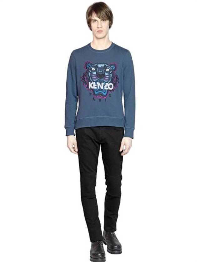 Embroidered Tiger Cotton Sweatshirt Blue - KENZO - BALAAN 5