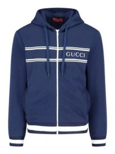 Logo Stripe Print Zip Up Hoodie Midnight Blue - GUCCI - BALAAN 2