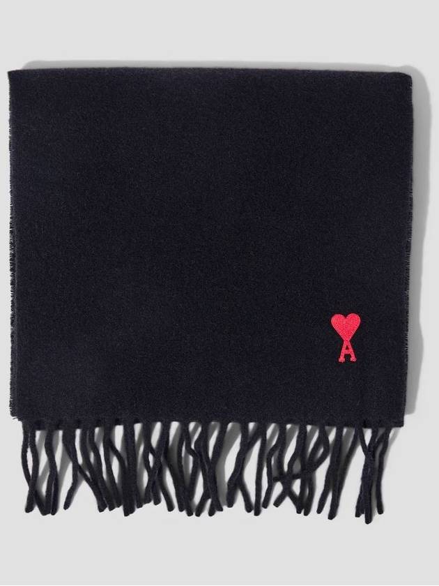 Small Heart Logo Classic Wool Fringe Scarf Black - AMI - BALAAN 5