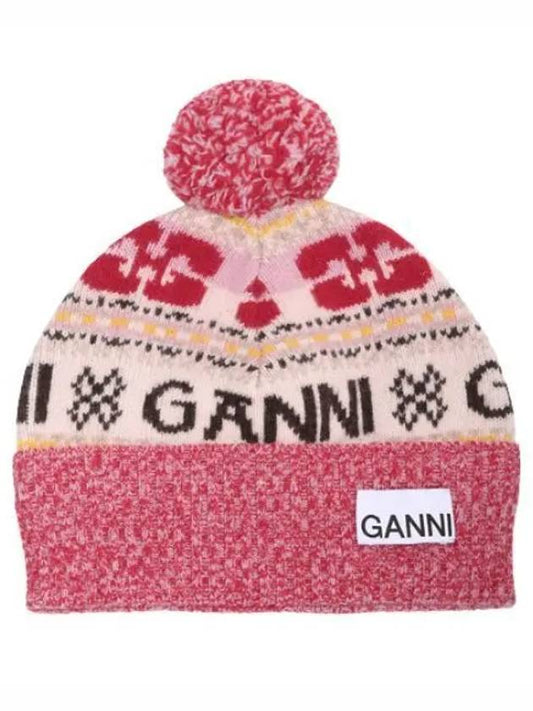 logo graphic intarsia knit beanie red - GANNI - BALAAN 2