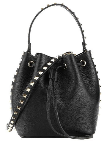 Rockstud Logo Leather Bucket Bag Black - VALENTINO - BALAAN 1