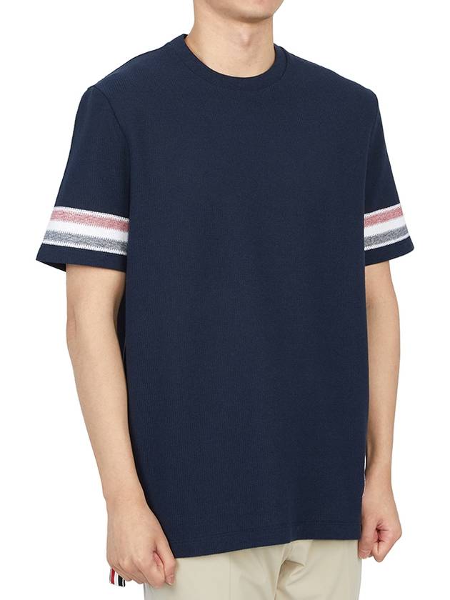 Textured Cotton Stripe Short Sleeve T-Shirt Navy - THOM BROWNE - BALAAN 6