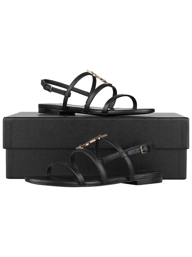 Women's Smooth Leather Gold Tone Monogram Detail Cassandra Flat Sandals Black - SAINT LAURENT - BALAAN 11